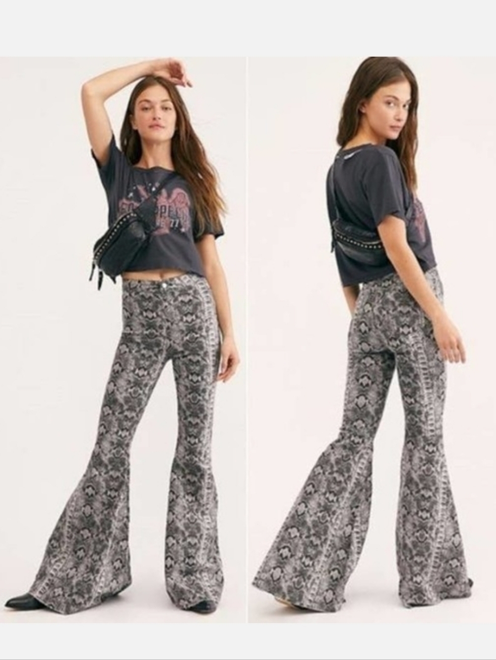 Free People Snake Print Float On Flare High Waisted Jeans Sz 28